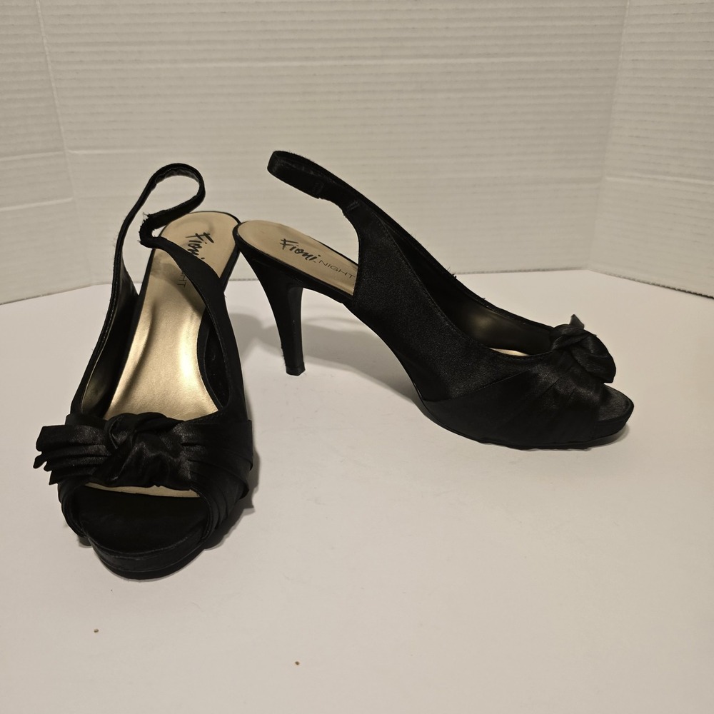 Fioni Night Womens 10W Black Satin Peep Toe Slingback Bow Heels Evening Pumps